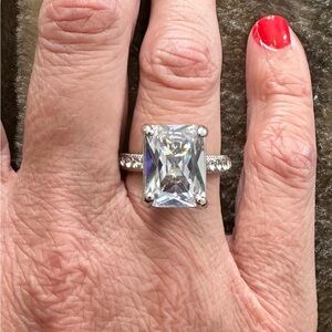 New Diamondninque Emerald Cut Solitaire Ring with Pavé Band - Clear